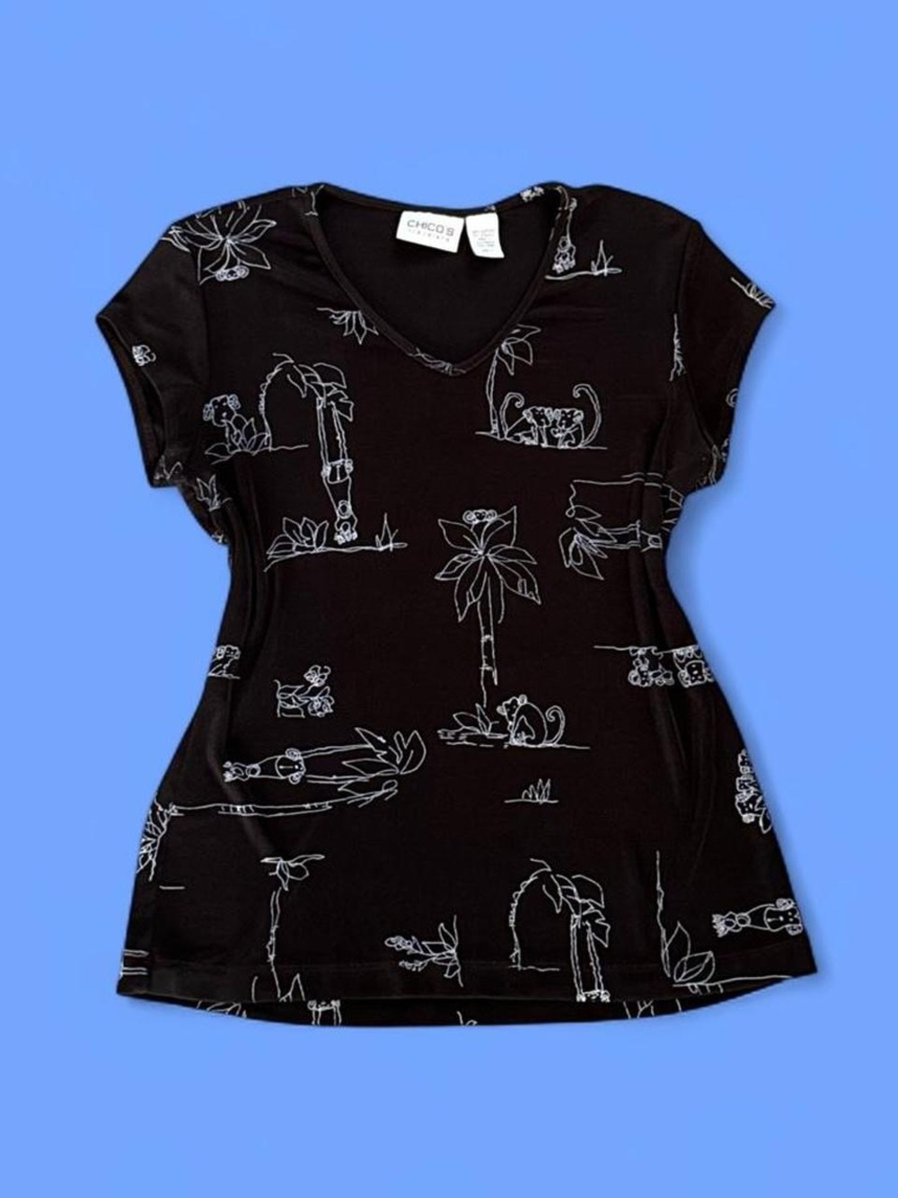 Chico's Black V-Neck Crop Top with White Palm & monkey sketches